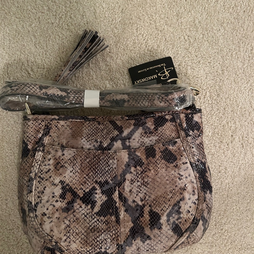 B. Makowsky Brown and Gray Crossbody Bag with Snakeskin Print